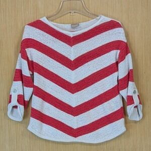Chicos Blouse Women's Small Striped Chevron Knit Sweater Roll‎ Tab Coral Casual
